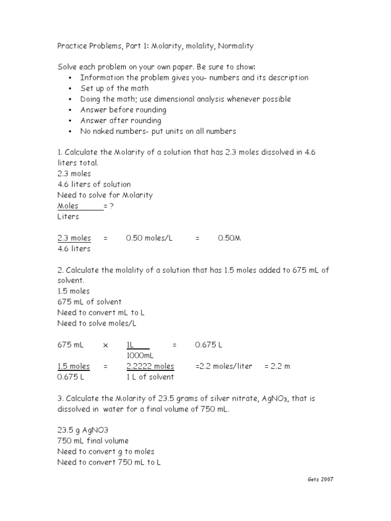 Practice Problems on Molarity, Molality and Normality Solutions | PDF ...