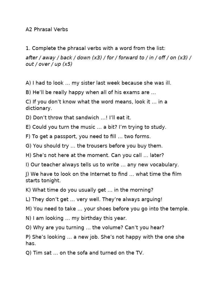 A2 Phrasal Verbs Practice Exercises | PDF