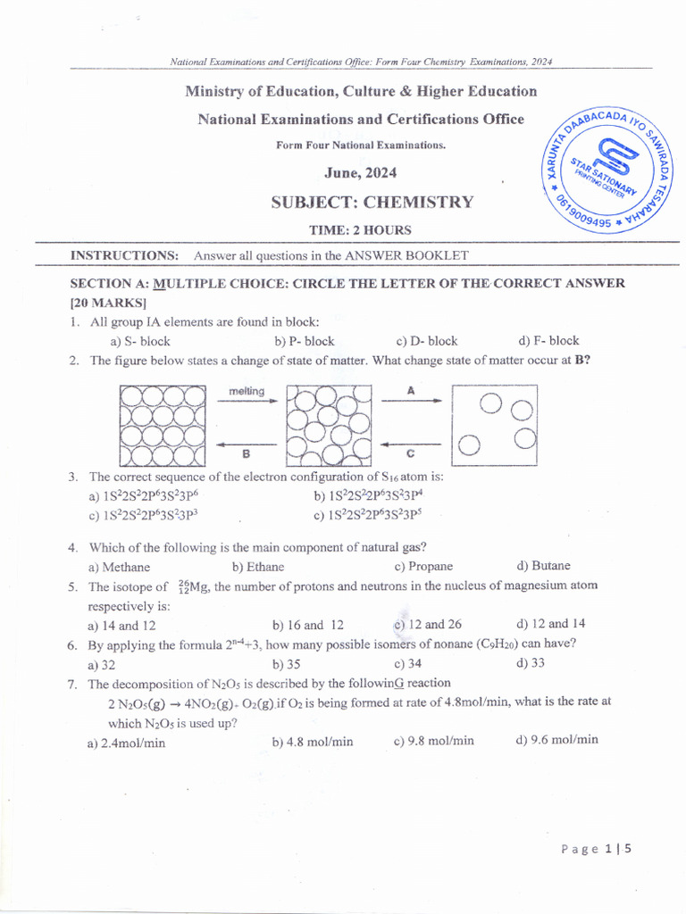 Form Four Chemistry Exam 2024 Guide | PDF | Chemical Reactions | Chemistry