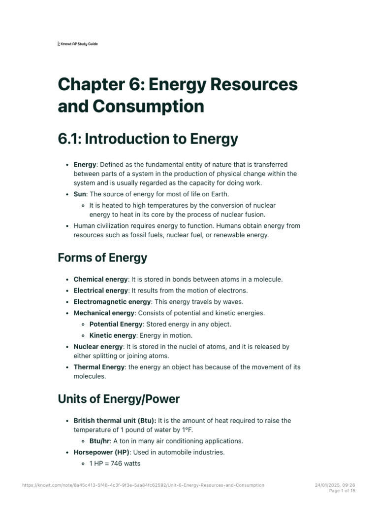 Chapter 6 - Energy Resources and Consumption Notes - Knowt | PDF ...