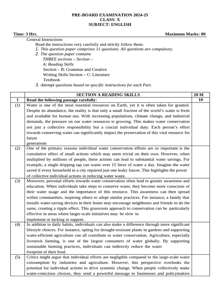 Pre-Board Exam English Class X 2024-25 | PDF | Agriculture | Water ...