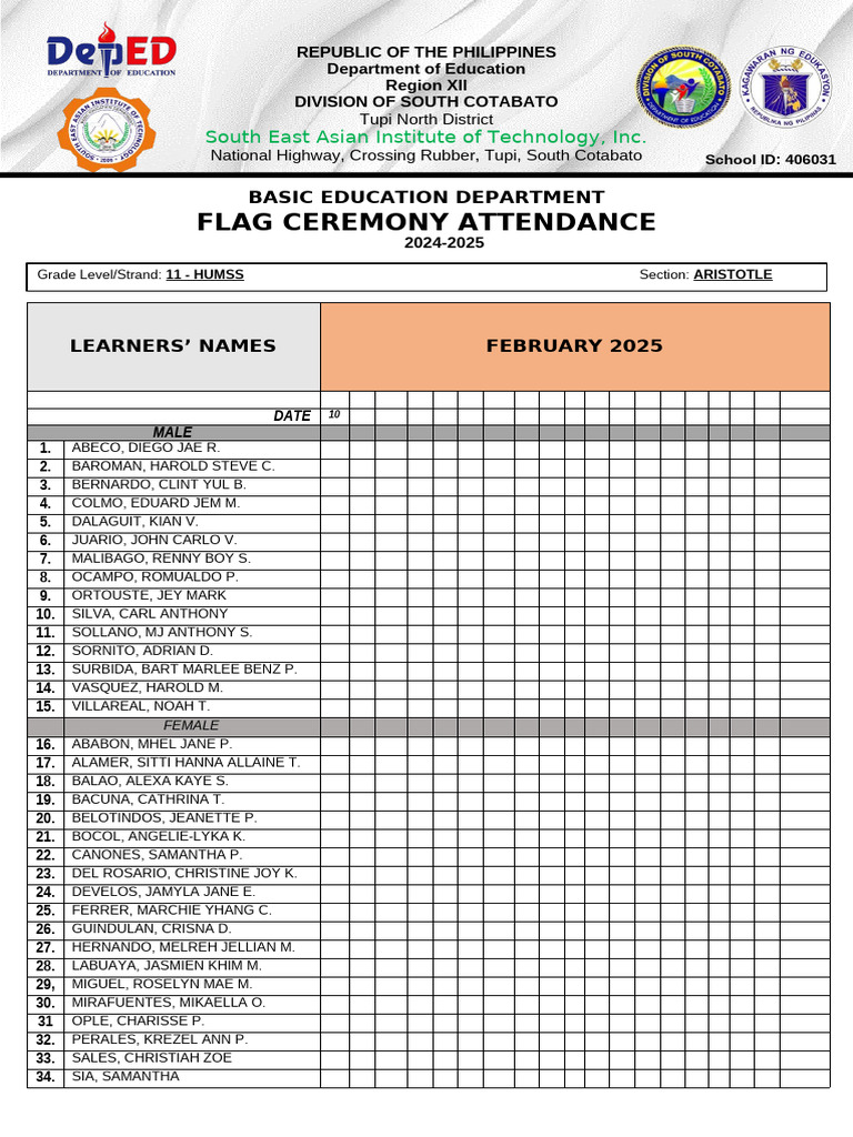 Learners' Names for Flag Ceremony 2025 | PDF