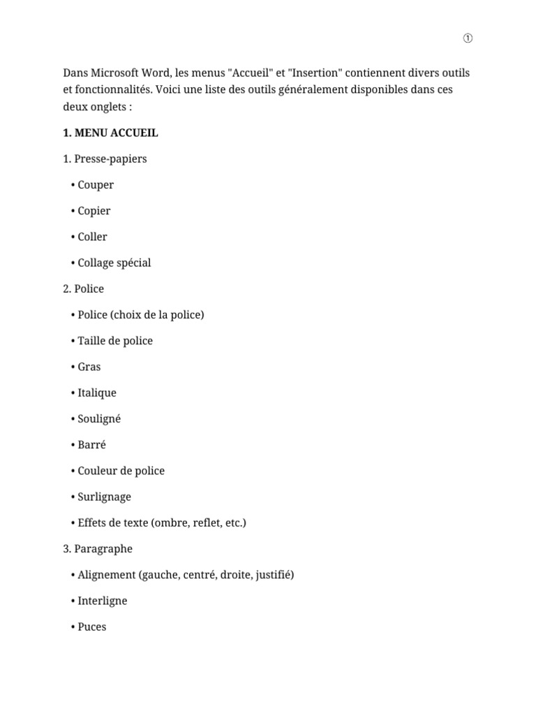 Outils des Menus Accueil et Insertion Word | PDF