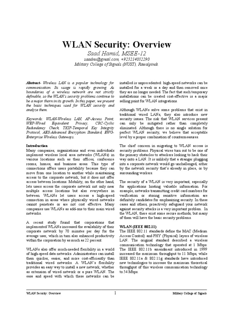 WLAN Security: Overview: Saad Hamid, MSEE-12 | PDF | Wireless Lan ...