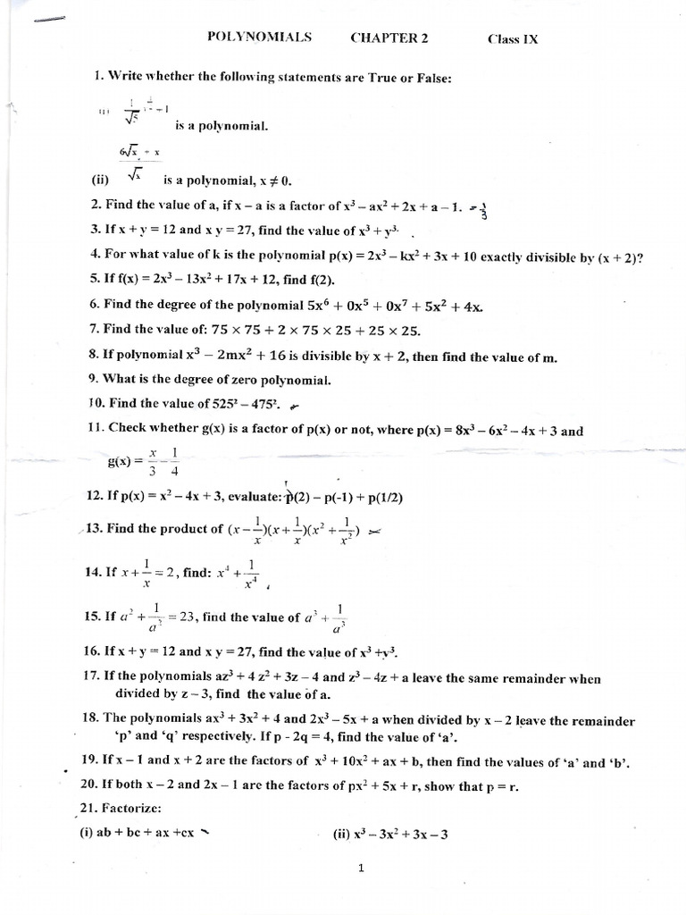 Polynomial class 9 question paper 1 pdf