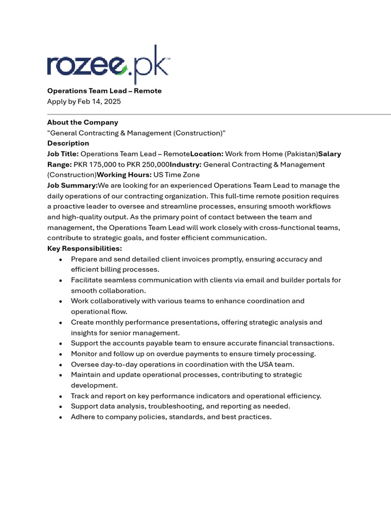 Remote Operations Team Lead Job Opening | PDF