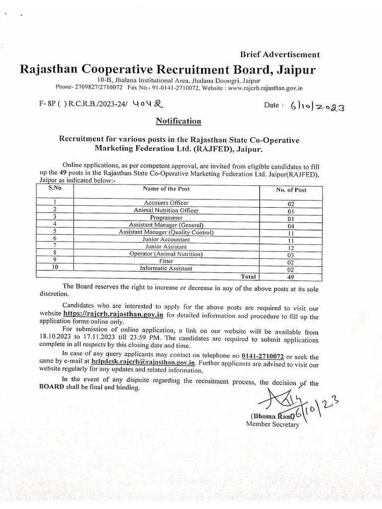 Short Advertisement RAJFED Recruitment 2023 06102023 | PDF