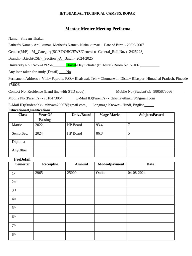 Mentor-mentee Meeting Performa Revised (Shivam) | PDF