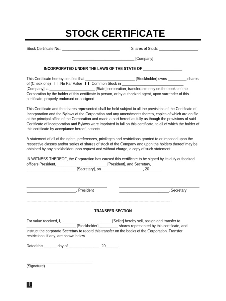 Stock Certificate Template for Corporations | PDF | Stocks | Securities ...