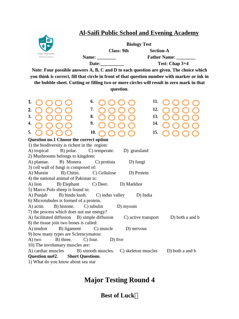 9th Biology Test 6 Chap 3+4 Round 4 | PDF | Muscle | Fungus