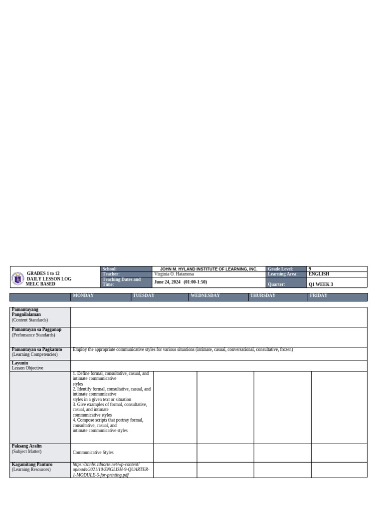 English 9 Daily Lesson Log: Communicative Styles | PDF | Communication ...