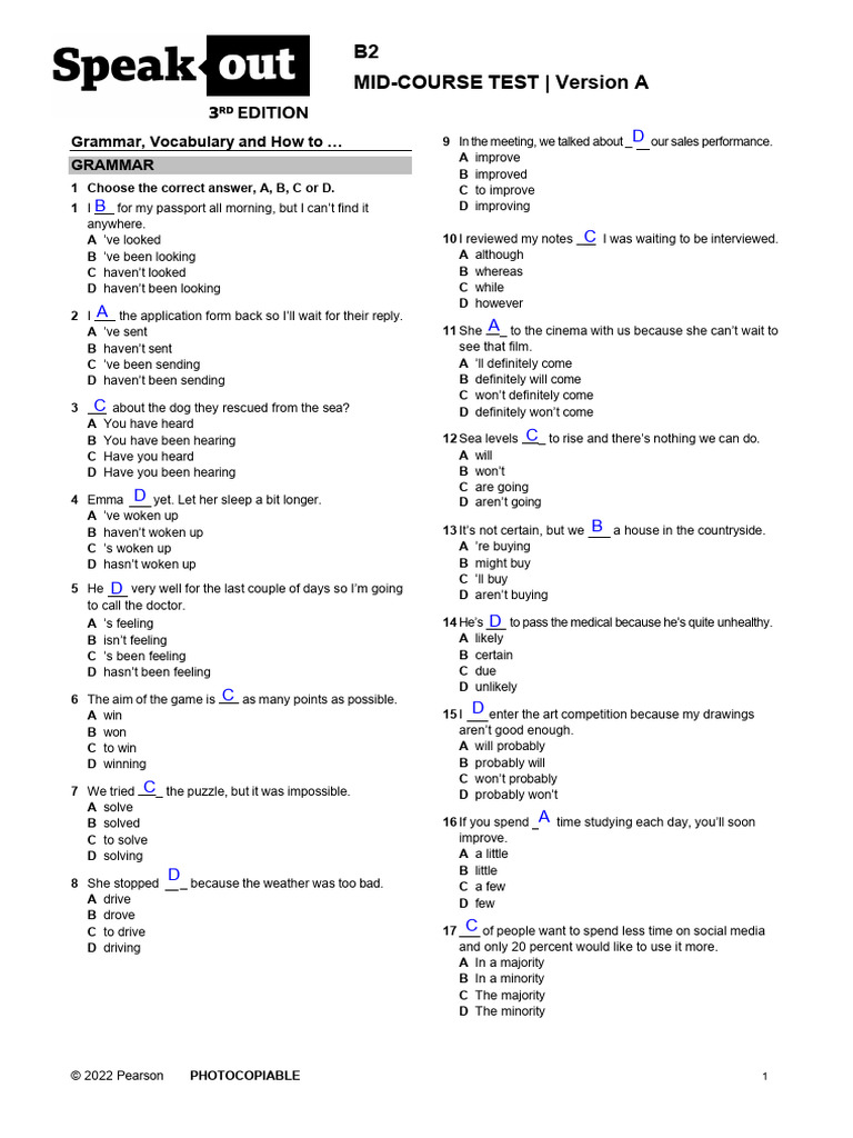 B2 Mid-Course Test: Grammar & Vocabulary | PDF | Optimism