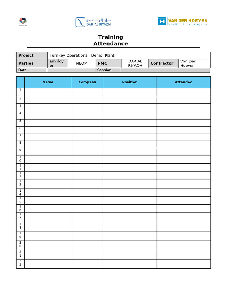 NEOM Turnkey Plant Training Attendance | PDF
