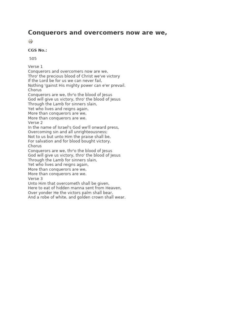 Conquerors and Overcomers Hymn Lyrics | PDF