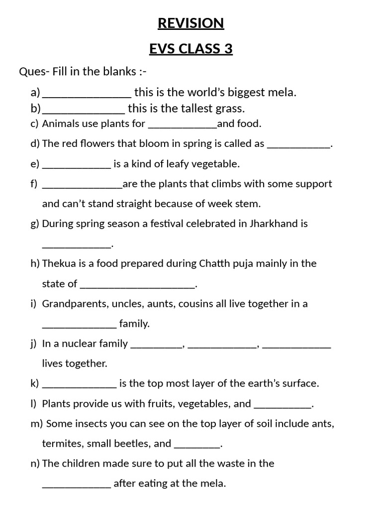 Class 3 EVS Fill-in-the-Blanks Worksheet | PDF