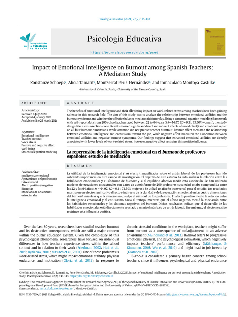 Emotional Intelligence and Teacher Burnout | PDF | Occupational Burnout ...