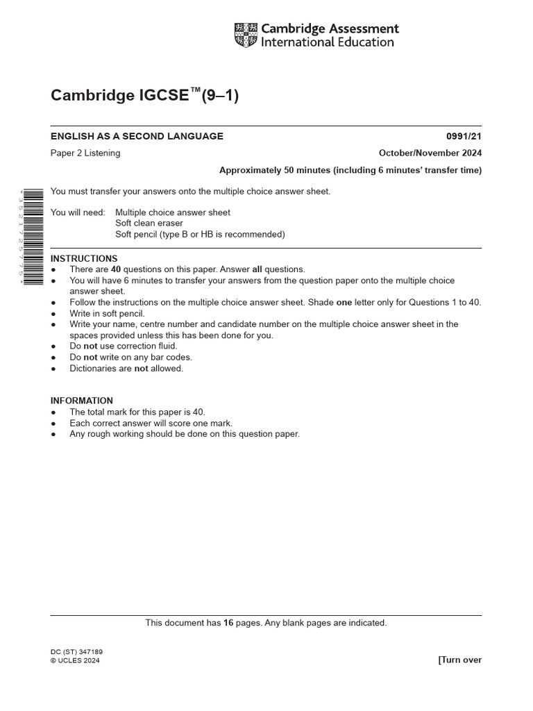 Cambridge IGCSE (9-1) : English As A Second Language 0991/21 | PDF ...