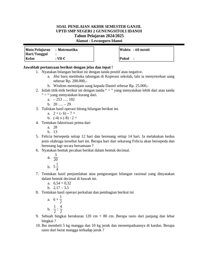 Soal Penilaian Matematika Kelas VII-C | PDF