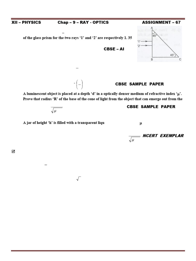 9 2024 Ray Optics Assignment 67 Tir Pdf Pdf Refraction