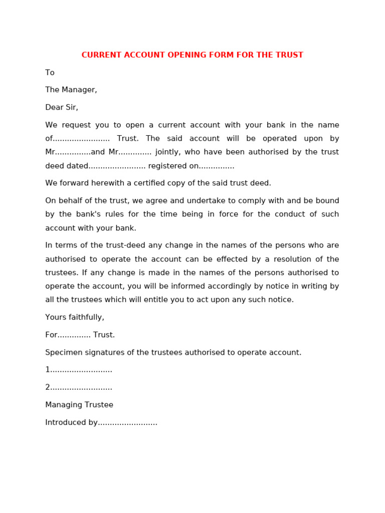 Trust Current Account Opening Request | PDF