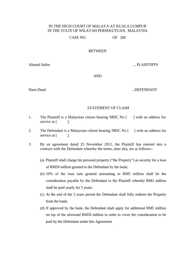 Plaintiff's Claim Against Defendant for Loan Default | PDF | Damages ...