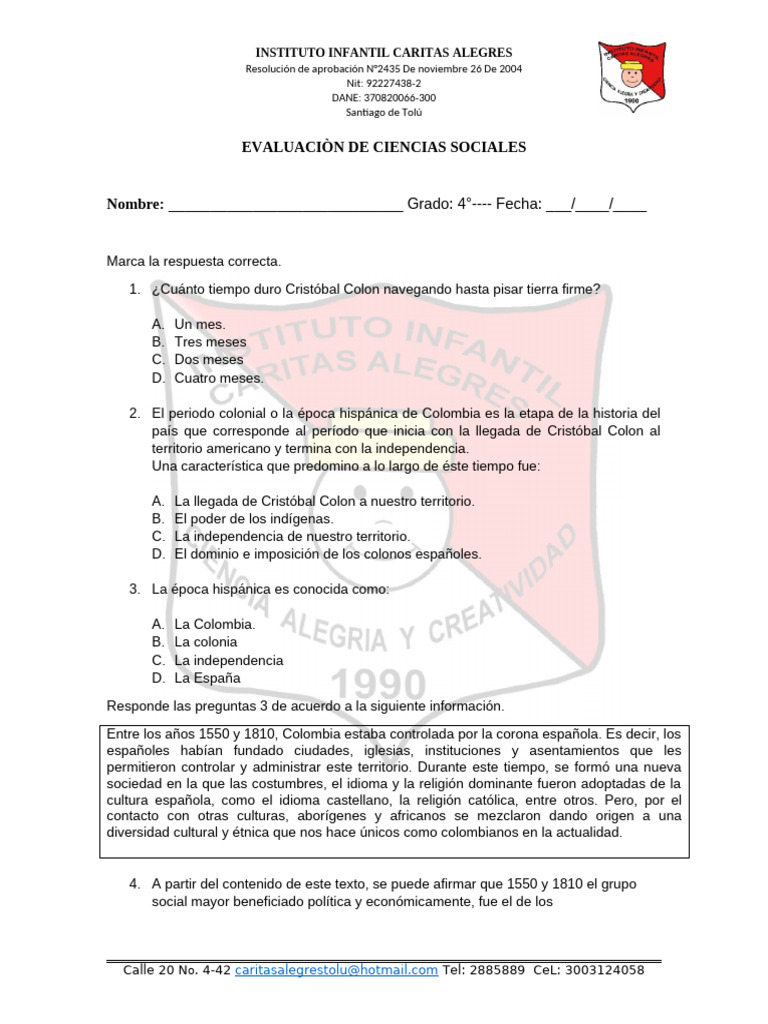 Evaluación de Ciencias Sociales 4° Grado | PDF | Colombia | España
