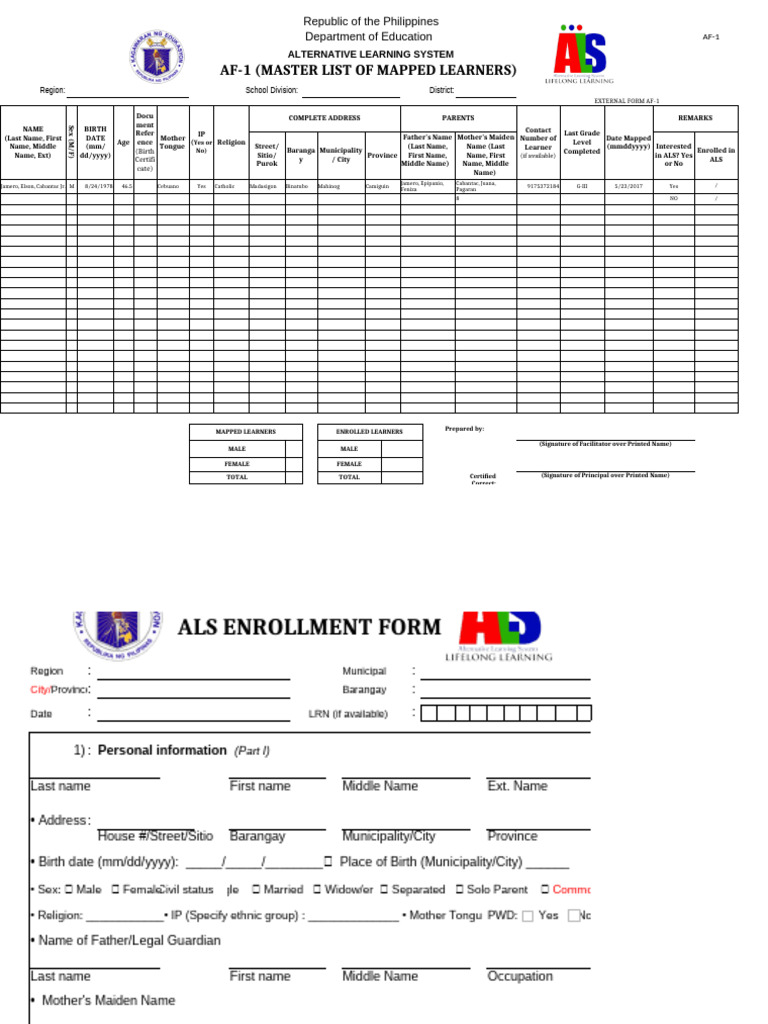ALS Enrollment and Learner Records | PDF | Literacy | Cognition
