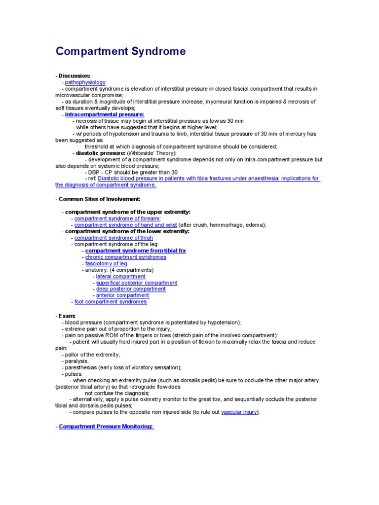 Compartment Syndrome Overview and Diagnosis | PDF | Elbow | Ischemia