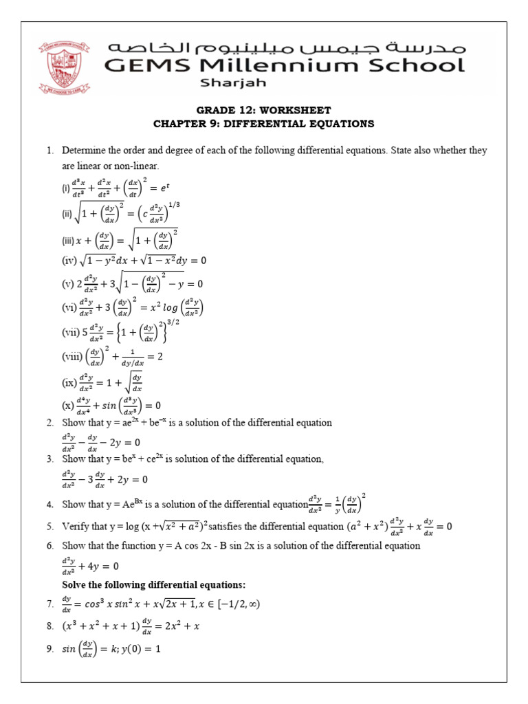 Grade 12 Differential Equations Worksheet | PDF | Equations ...