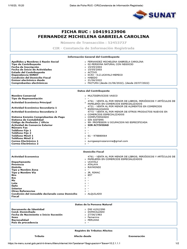 Ficha Ruc - Carolina FM | PDF