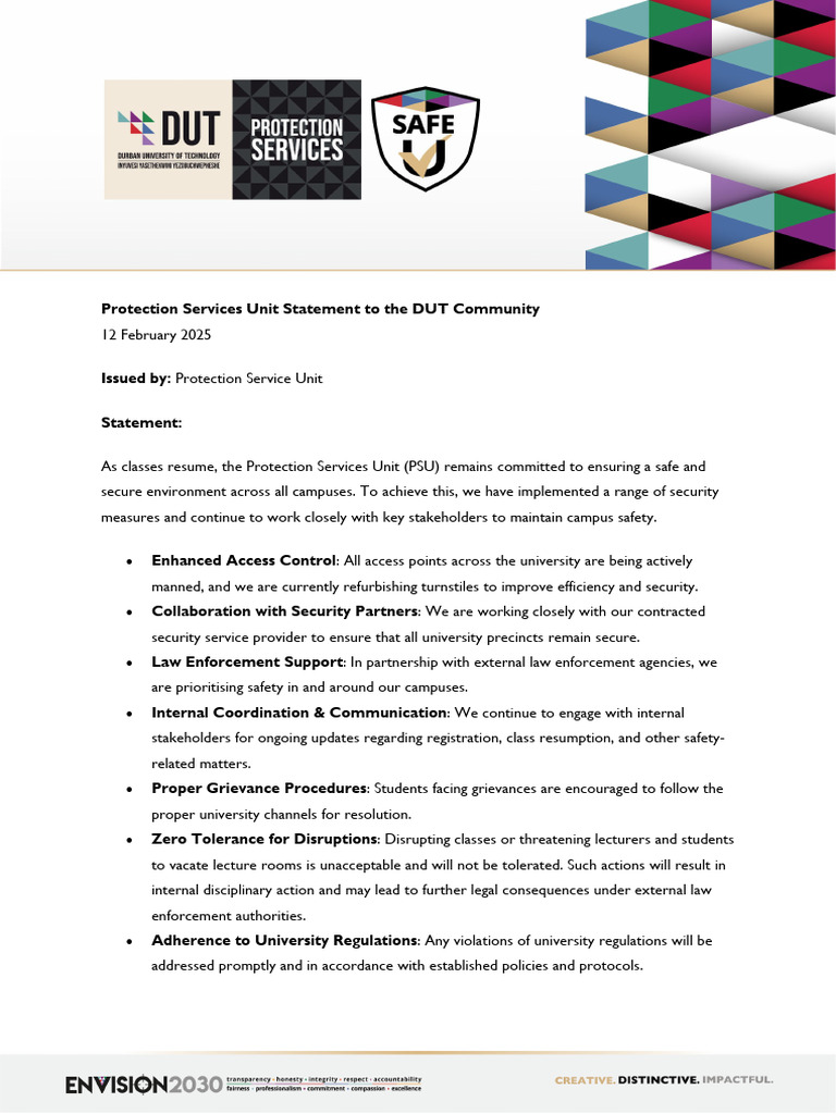 Protection Services Unit Statement To The DUT Community (12.02.2025) | PDF