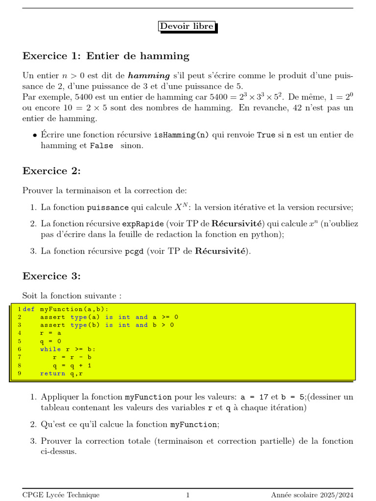 Exercices sur les entiers de Hamming et fonctions Python | PDF