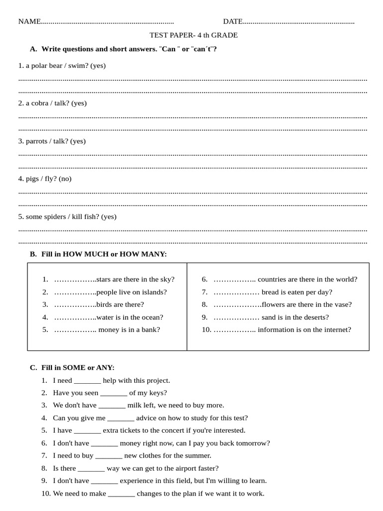 4th Grade English Test Paper | PDF