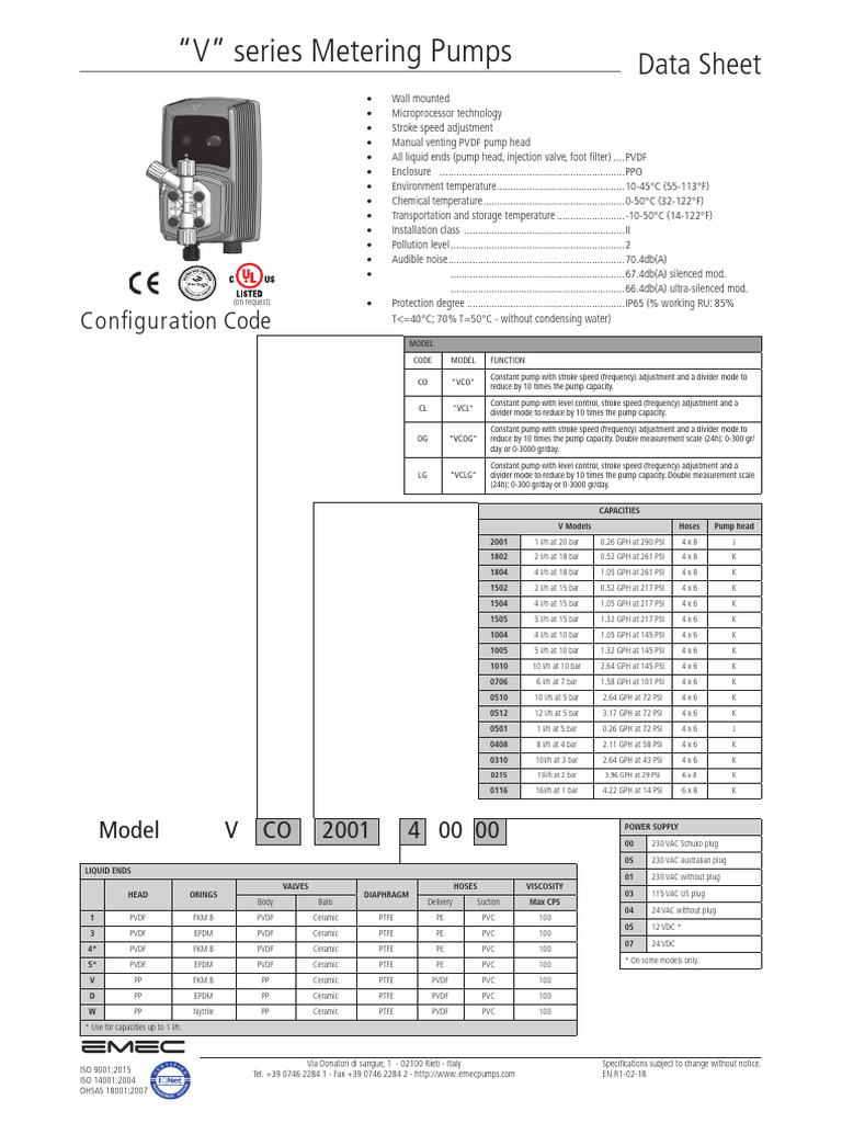 V Series Metering Pumps Data Sheet | PDF | Pump