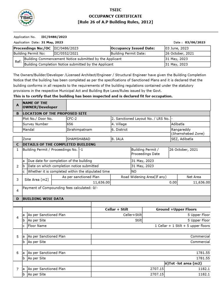 TSIIC Occupancy Certificate Details | PDF
