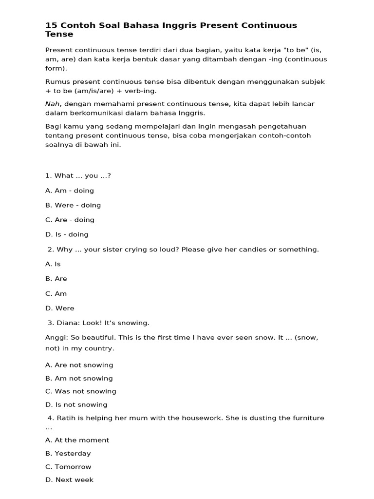 15 Contoh Soal Bahasa Inggris Present Continuous Tense Pdf