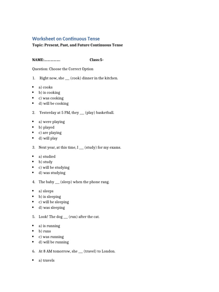 Future Continuous Tense Worksheet | PDF