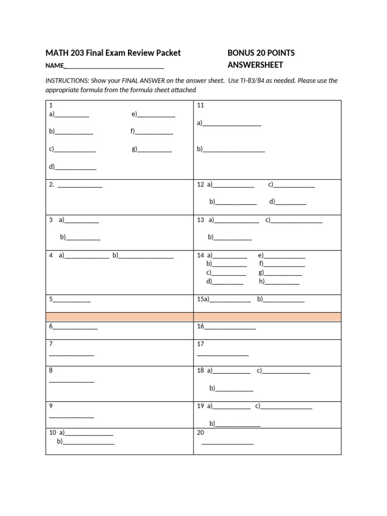 MATH 203 Final Exam Review Guide | PDF