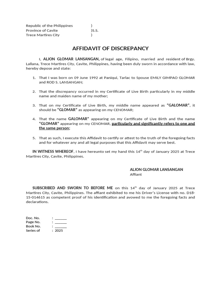 Affidavit of Discrepancy in Birth Certificate | PDF
