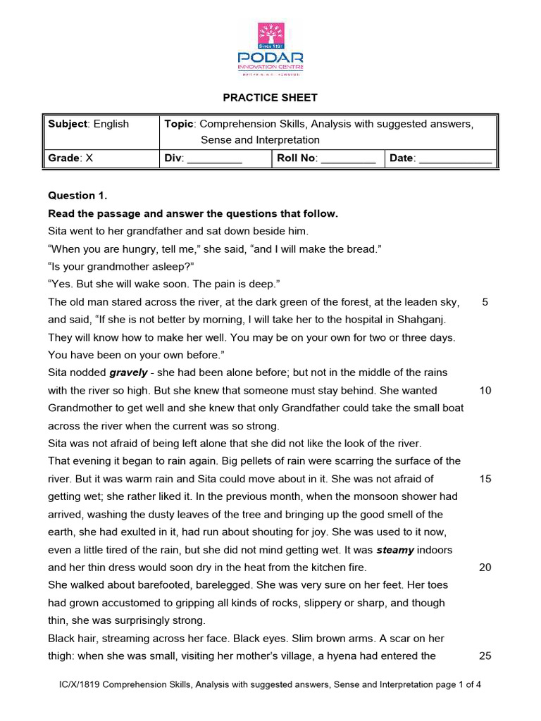 Grade 10 Comprehension Practice Sheet | PDF