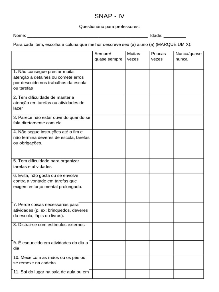Escala SNAP-IV para Professores | PDF