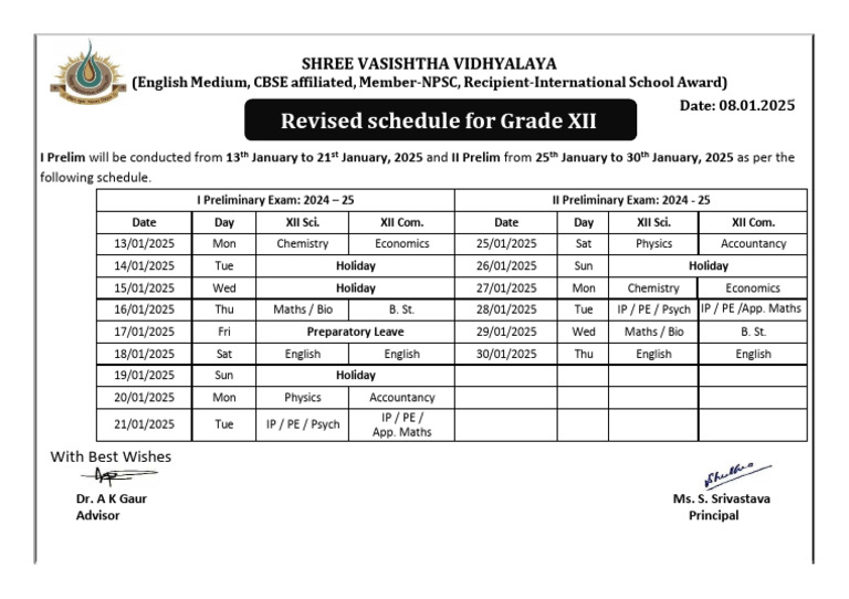 Grade XII Preliminary Exam Schedule 2025 | PDF