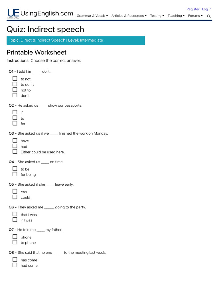 'Indirect Speech' - English Quiz & Worksheet | PDF