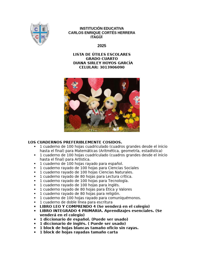 Lista de Útiles Escolares 4° Grado 2025 | PDF