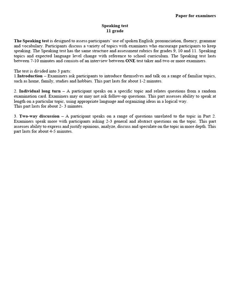 11th Grade Speaking Test Guidelines | PDF | Adolescence | Intelligence ...