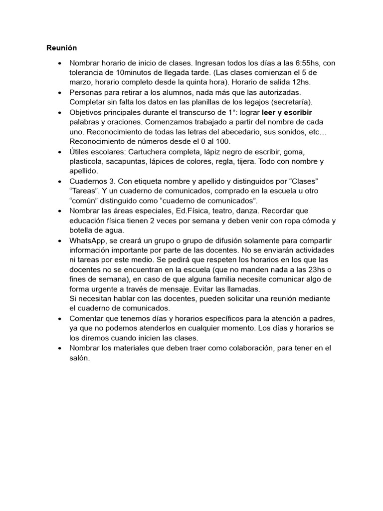 Reunión Inicial: Horarios y Materiales | PDF