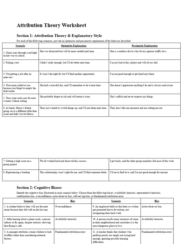 RAMSEY BOUHIYATE Attribution Theory Practice Worksheet PDF Bias Cognitive Psychology