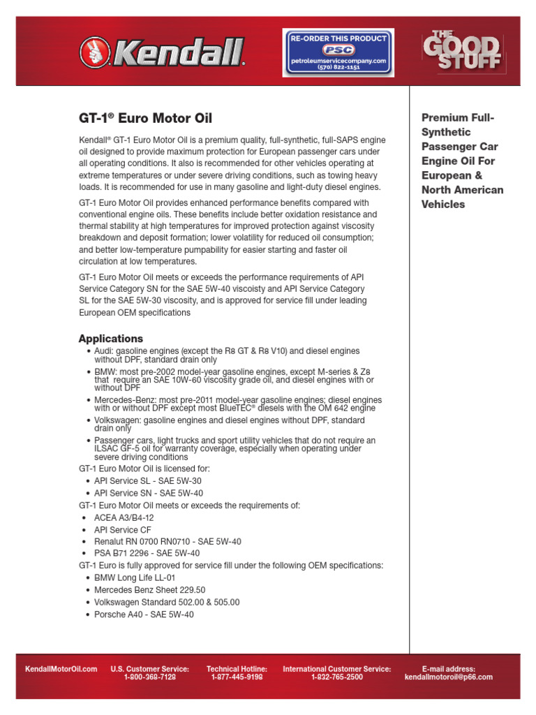 Kendall GT-1-Euro PDS | PDF | Motor Oil | Vehicle Technology