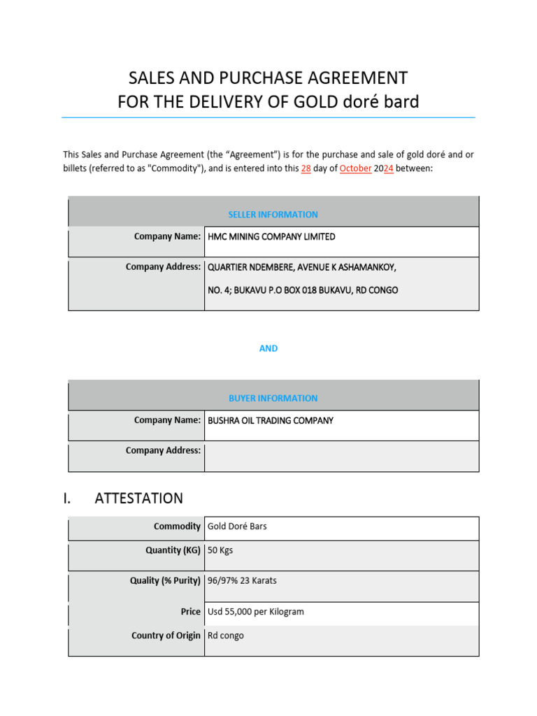 Gold Doré Sales Agreement 2024 | PDF | Invoice