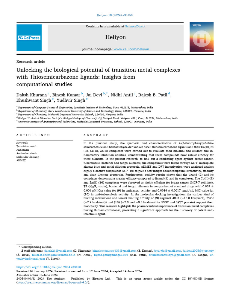 Unlocking The Biological Potential of Transition M | PDF | Coordination ...
